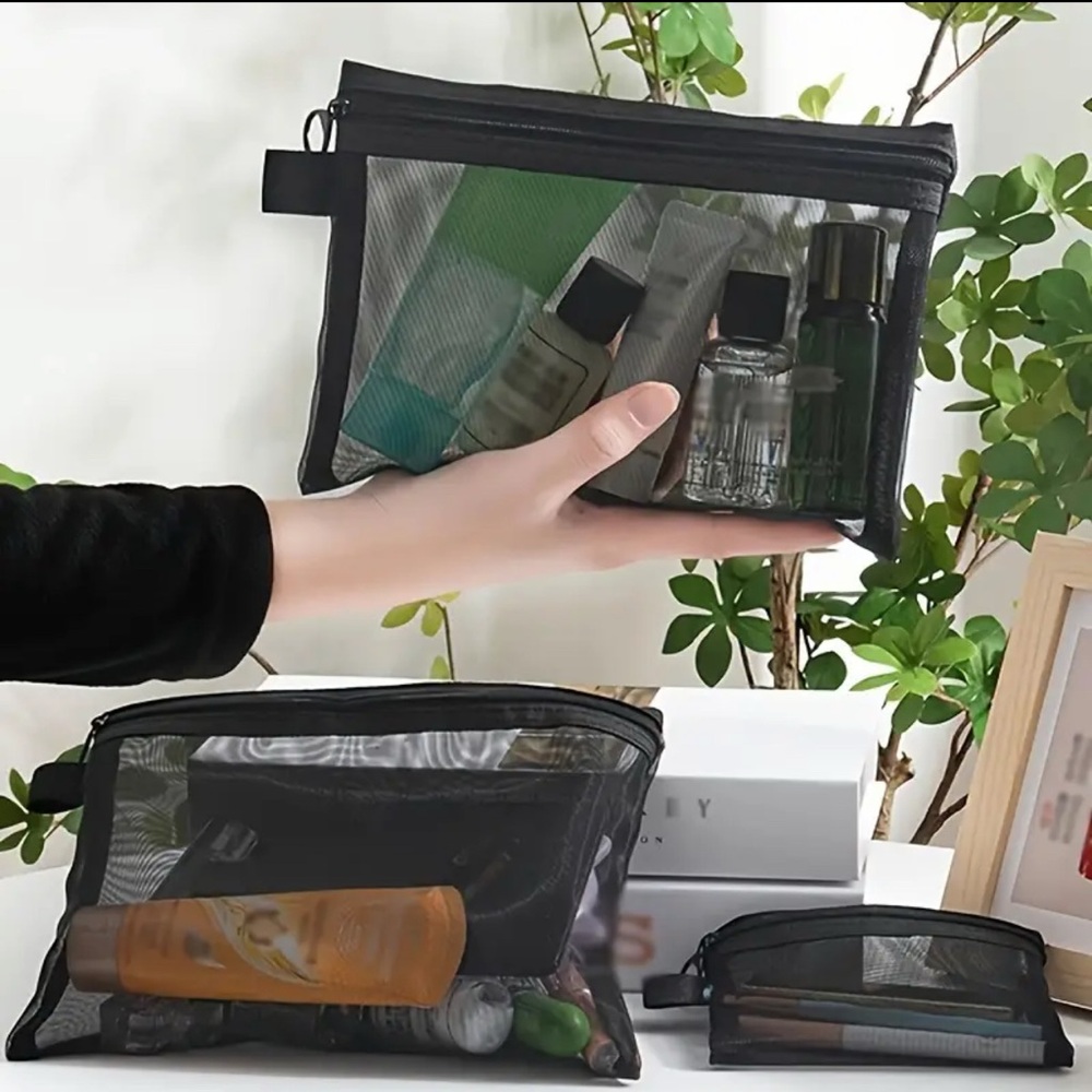 Black Mesh Organizer Pouch Cosmetic Toiletries Travel Bag